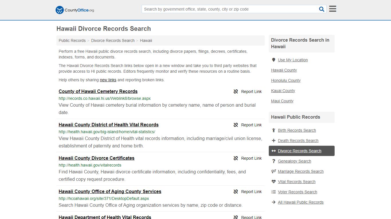 Hawaii Divorce Records Search - County Office