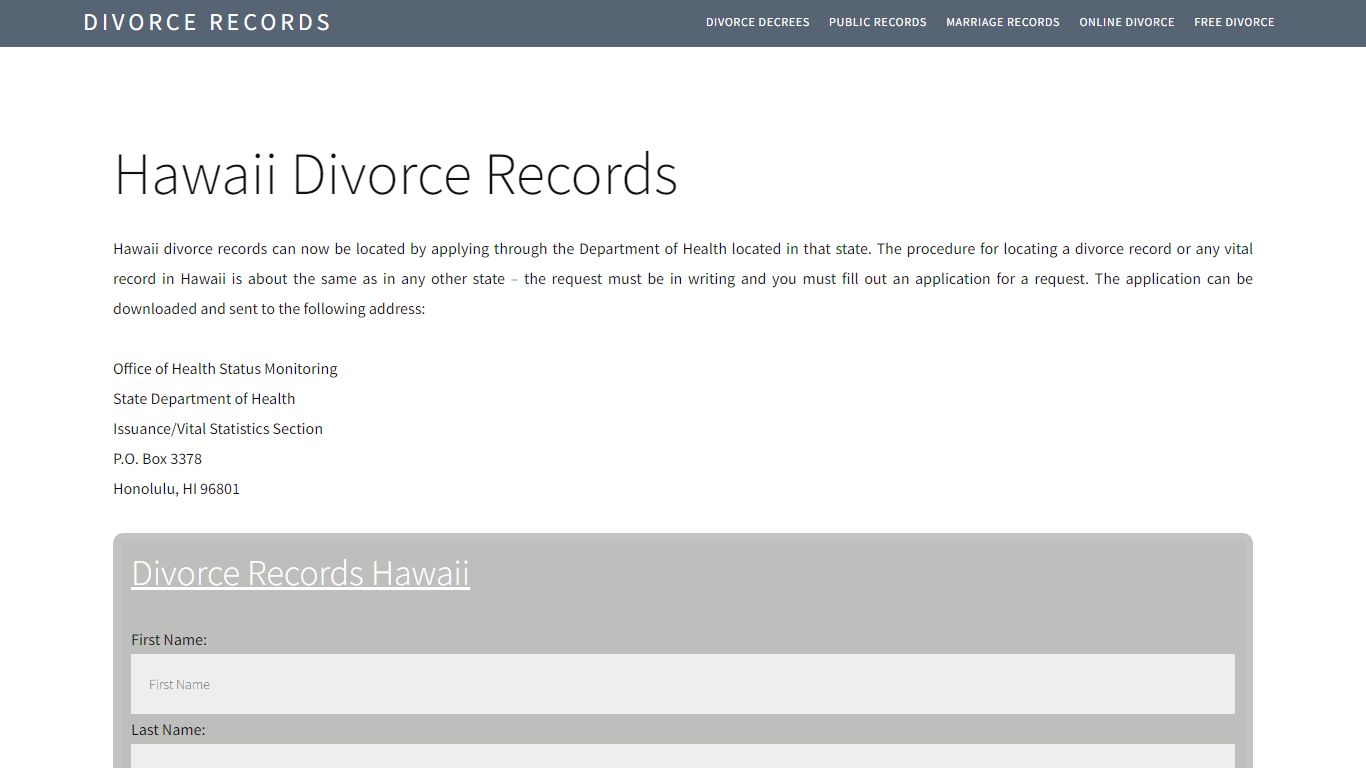 Hawaii Divorce Records