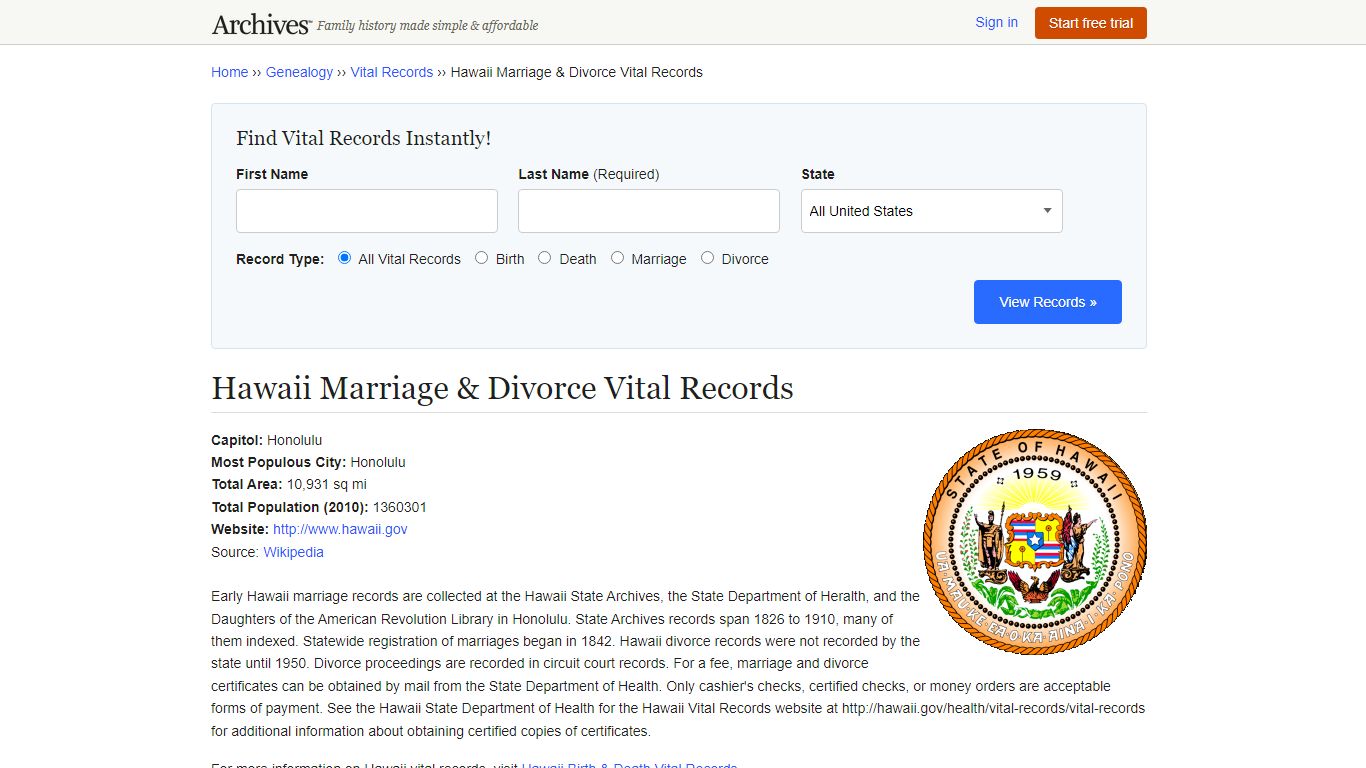 Hawaii Marriage & Divorce Records | Vital Records - Archives.com